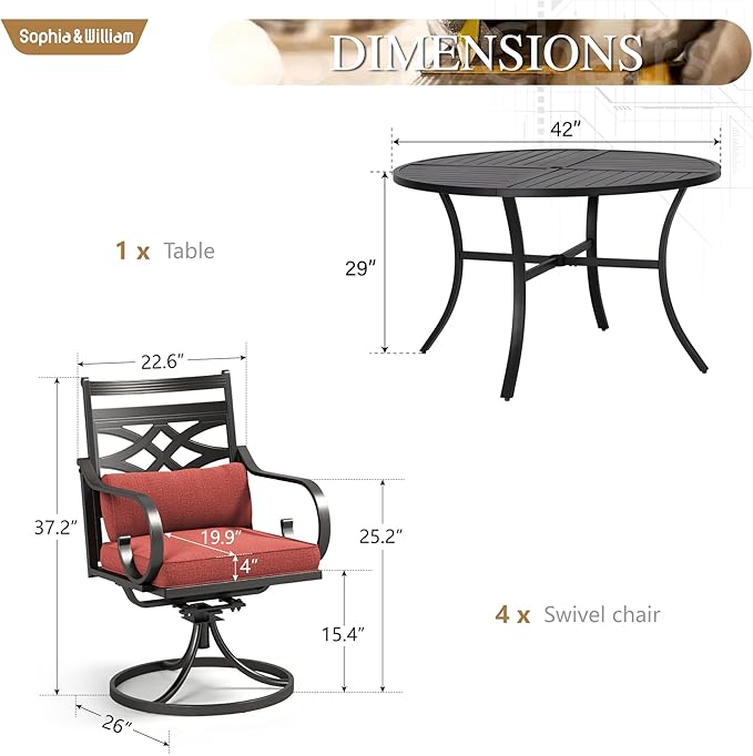 Sophia and William Swivel Outdoor Patio Dining Set for 4, Outdoor Table and Chairs, Removable Seat Cushions, Black 42" Round Patio Dining Table,Red