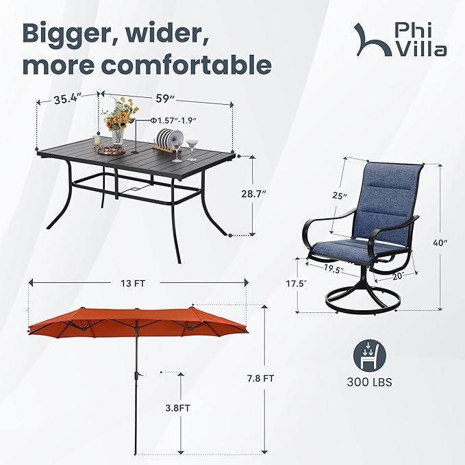PHI VILLA 8 Piece Patio Dining Set with 13ft Patio Umbrella (Orange Red), 6 Outdoor Padded Swivel Dining Chairs & 1 Large Metal Dining Table with 1.57" Umbrella Hole, for Lawn Garden Backyard