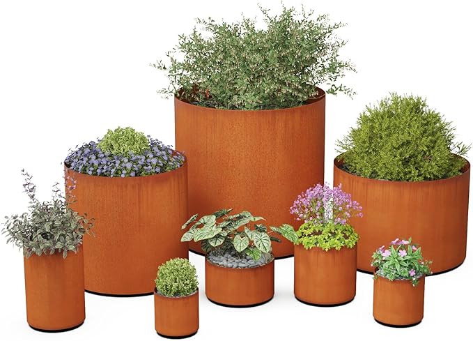 Plantercraft Corten Steel Planters | 24" High Large Round Planters for Outdoor Plants | Modern Extra Large Metal Planter for Porch & Patio Decor