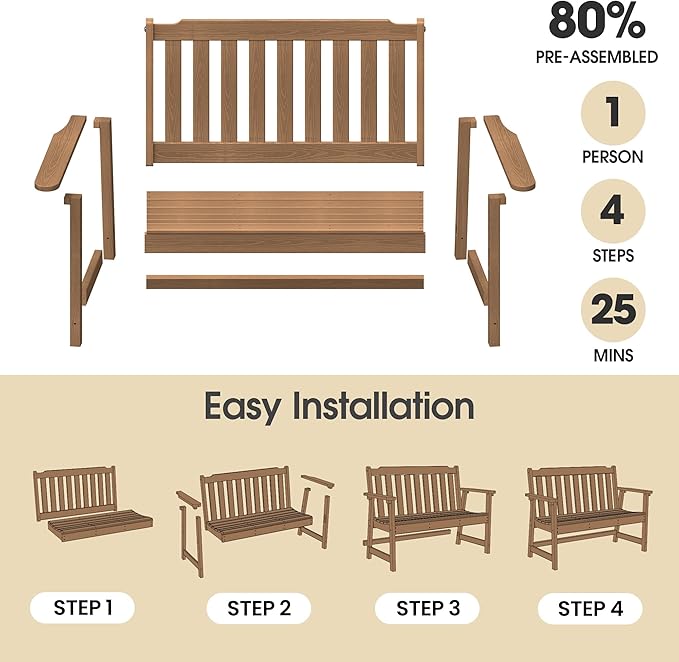 Ciokea 49" Heavy Duty Outdoor Bench Set of 2, HDPE Weatherproof Garden Bench, 2-Person Memorial Benches with 660 Lbs, Waterproof Patio Porch Benches for Outside Business Deck Office Backyard, Teak