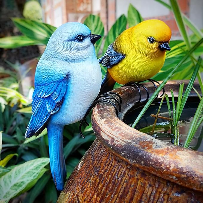 Garden Bird Statue Flower Pot Hugger Outdoor Decor for Tree, 6.7" Tall Resin Bird Figurine Plant Pot Decorations for Fence Balcony Patio Lawn Yard Ornaments (Yellow)