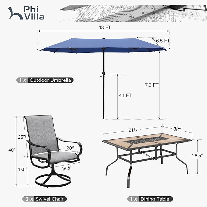 PHI VILLA Outdoor Patio Dining Set with Haze Blue Umbrella for 6 Person, Outdoor Swivel Dining Chairs & 1 Large Wooden-Like Top Table with 13ft Outdoor Umbrella(No Base) for Deck Lawn Garden Backyard