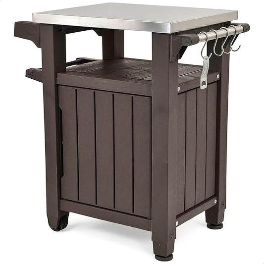 Keter Outdoor Grill Prep Table & Serving Cart, Stainless Steel Top, Unity, 40 Gal, Brown - Portable Bar Table and Cooking Accessory for Pool, Patio, Lawn, and Backyard