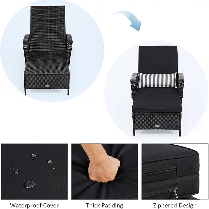 Tangkula Wicker Chaise Lounge Outdoor Set of 2, Patio Rattan Reclining Chaise with 6-Gear Adjustable Backrest, Thick Padded Cushion & Removable Lumbar Pillow, Pool Lounge Chairs (Black)