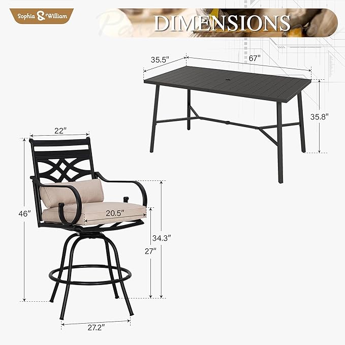 Sophia & William 7-Piece Outdoor Bar Set, Bar Height Patio Table and Chairs for 6, 6 Outdoor Swivel Bar Stools with Beige Cushion and 1 Rectangular Bar Height Table