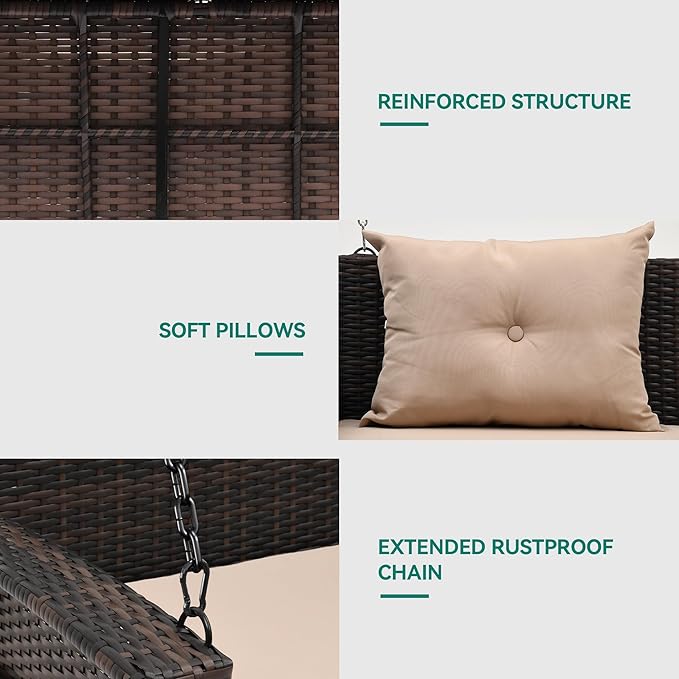 YITAHOME Wicker Hanging Porch Swing Chair Outdoor Brown Rattan Patio Swing Lounge w/ 2 Back Cushions Capacity 530lbs for Garden, Balcony, Living Room, Beige