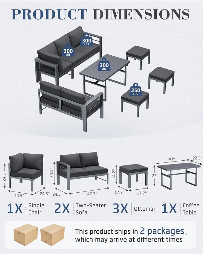 AECOJOY Aluminum Patio Furniture Set, 8 Seats Modern Outdoor Furniture with Adjustable Table, 7 Pieces Metal Conversation Sectional Sofa, Dark Gray