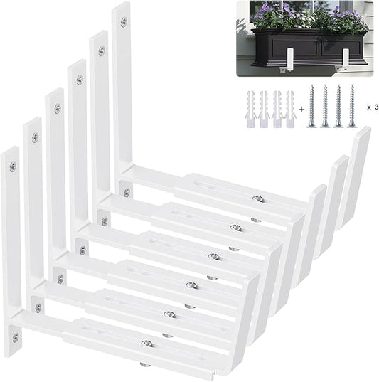 Y&M 6 Pack Adjustable Planter Brackets (6 to 12.5 in), Universal Window Box Brackets, Heavy Duty Iron Flower Box Wall Mounting Hooks for Balcony, Fences, Patio, and Garden - White