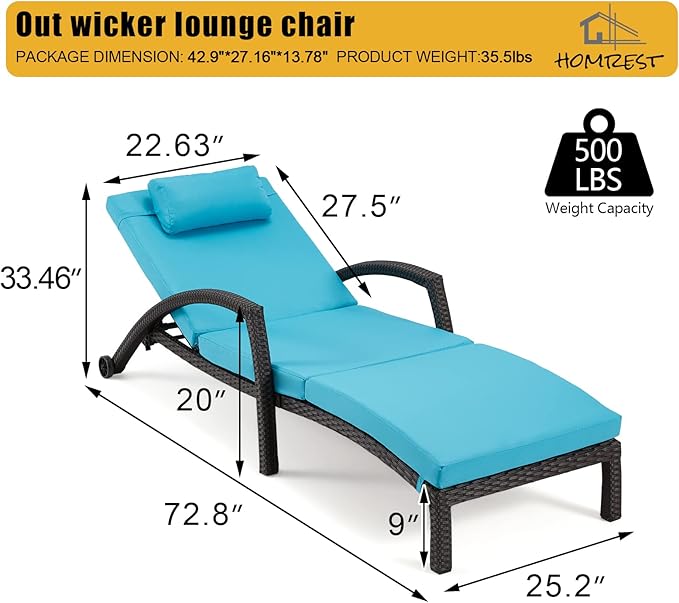 HOMREST Chaise Lounge Chairs Set of 4, PE Rattan Wicker Lounge Chair with Arm and Wheels for Poolside,Blue