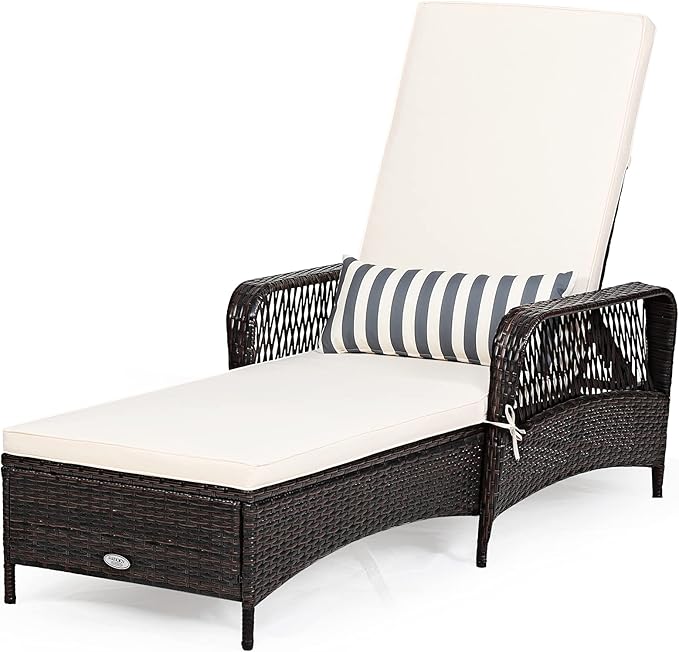 Tangkula Wicker Chaise Lounge Outdoor Set of 2, Patio Rattan Reclining Chaise with 6-Gear Adjustable Backrest, Thick Padded Cushion & Removable Lumbar Pillow, Pool Lounge Chairs for Outside Balcony