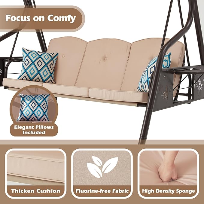 3-Seat Patio Porch Swing 800LBS Outdoor Swing with Stand w/Canopy & Adjustable Backrest Patio Glider Chair w/Removable Pillows & Foldable Side Tray for Balcony Garden Deck (Khaki)