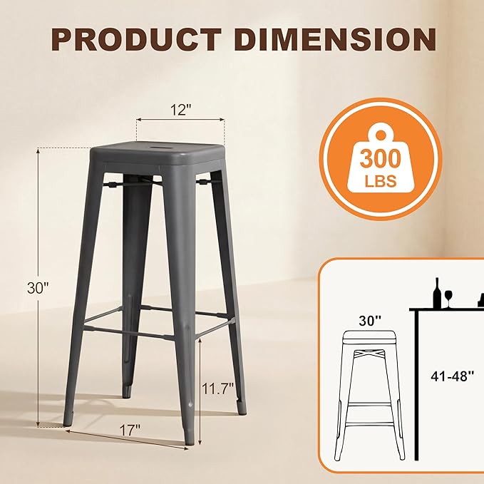 Shahoo 30 Inches Metal Bar Stools Counter Height Stackable Backless Stools, Industrial Patio Stools Indoor Outdoor Metal Kitchen Stools Set of 4 (Grey, 30'')