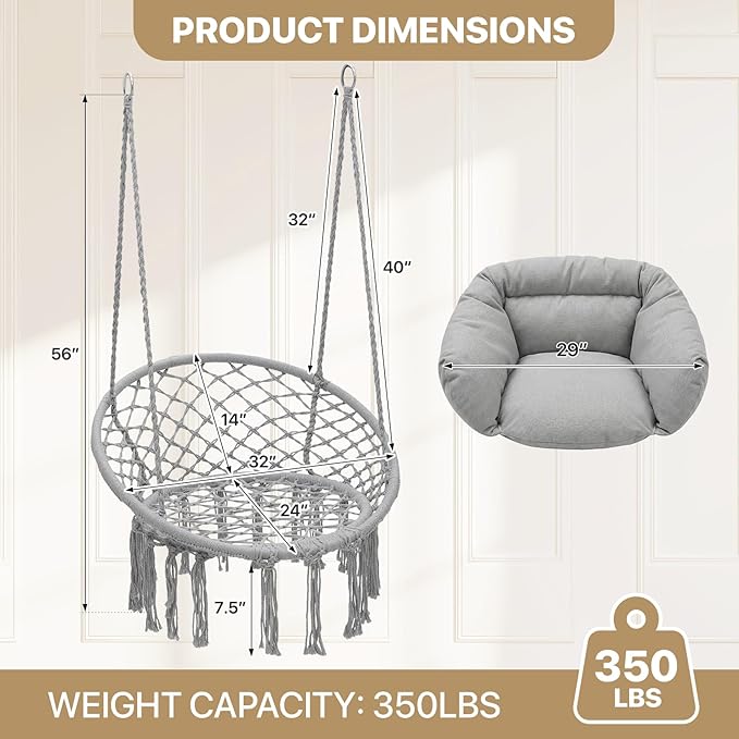Monibloom Hanging Hammock Chair with Full Cushion, Adults Indoor Hammock Swing with Max 350 Lbs Capacity, Outdoor Macrame Hanging Chair with Boho Tassels, Home Accent Furniture Chair Swing, Grey