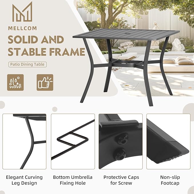 MELLCOM 5 Pieces Outdoor Dining Set, 4 Swivel Rocker Chairs with High Back Textilene & Square Metal Dining Table with Umbrella Hole, Patio Furniture Set for Porch, Garden, Backyard, Deck, Grey