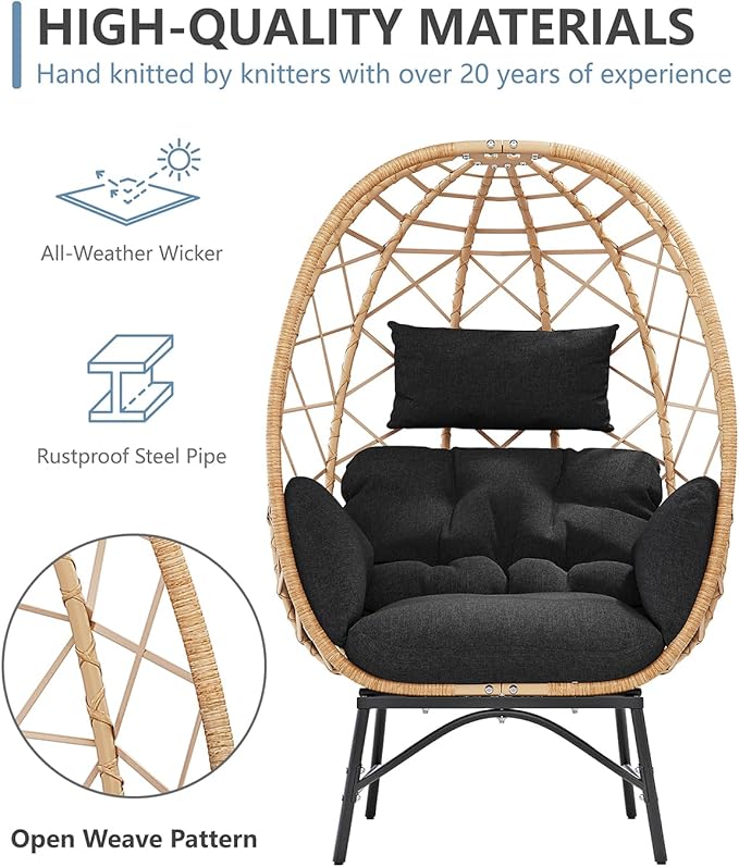 SWITTE Wicker Egg Chair Outdoor, Oversized Patio Lounge Chairs with Cushion for Indoor Living Room, Bedroom, Outside Backyard Balcony-Black