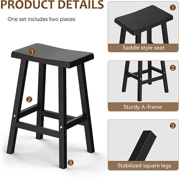 Outdoor Bar Stools Set of 2, Modern Durable Resin Bar Chairs with Footrest, All-Weather Barstools for Patio, Balcony, or Kitchen Counter（24''）