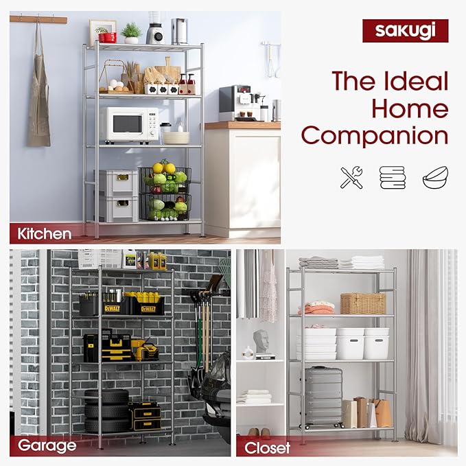 Storage Shelves - 4 Tier Shelf Organizer, Heavy Duty Garage Shelving Unit with Leveling Feet, Stable Metal Shelves Organizer for Pantry, Kitchen and Closet, 33.0" W x 12.6" D x 57.2" H, Silver