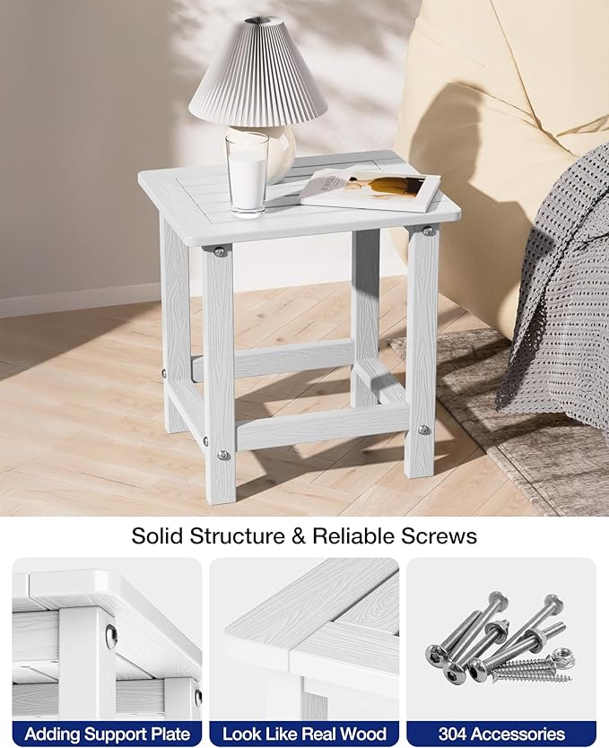 YEFU Outdoor Side Table for Patio: 16" HIPS Weather - Resistant Adirondack Tables Set of 2 - Small Square End Tables for Backyard Pool Porch Balcony - Indoor Outdoor Durable Table White