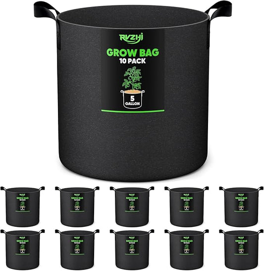 Grow Bags for Potato 5-Gallon: 10 Pack Black 350G Heavy Duty Thickened Fabric Pots with Handles & Labels - Nonwoven Gardening Containers for Growing Plants Vegetable Fruit Tomato Flowers Herbs