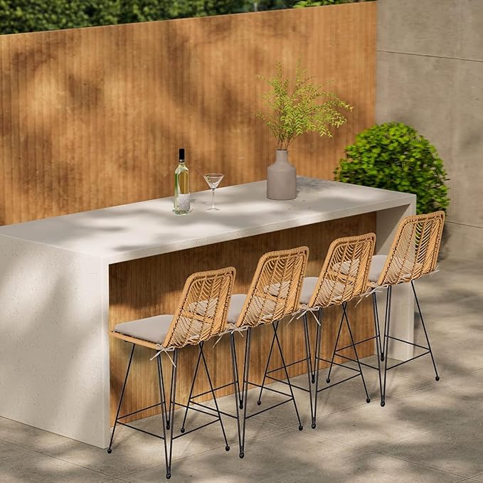 IDZO 400lbs Capacity Rattan Outdoor Counter Stools, 24" Tall, Set of 2, Comfort Cushion, Solid Steel Frame, Easy Assembly, Use for Outdoor & Indoor, Ideal for Patio & Kitchen Island