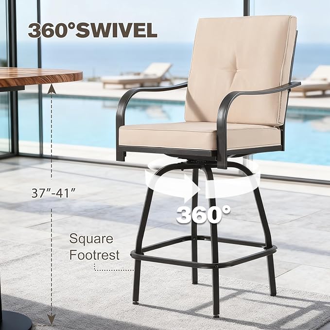 Outdoor Swivel Bar Stools Set of 4,Bar Height Patio Chairs with Cushions and High Backrest, All Weather Patio Bar Stools Furniture for Bistro Lawn, Pool, Garden and Backyard,Light Brown
