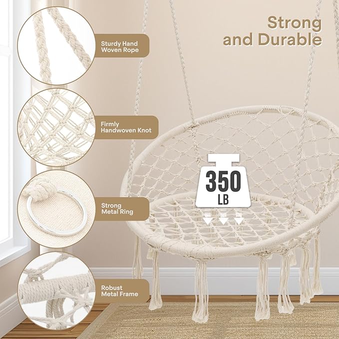 Athena Collection Hammock Chair Hanging Swing Chair with Large Thick Cushions, Outdoor Hanging Chair with Macrame Cotton Rope for Indoor, Outdoor, Bedroom, Balcony, Holds 350 Lbs, Green