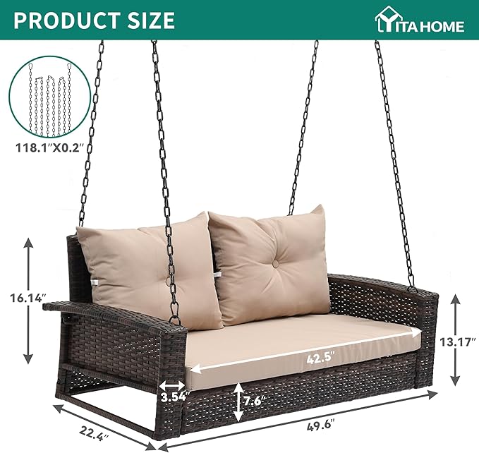 YITAHOME Wicker Hanging Porch Swing Chair Outdoor Brown Rattan Patio Swing Lounge w/ 2 Back Cushions Capacity 530lbs for Garden, Balcony, Living Room, Beige
