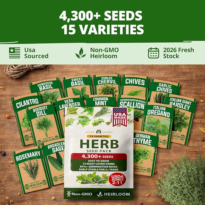 HOME GROWN Herb Seeds for Planting 15-Pack Massive Seed Count 4,300+ Seeds Non-GMO Heirloom | Extra Large | Culinary Herb Kit, Indoor Outdoor & Hydroponic | Grow Your Own Herbs | Gardening Gift