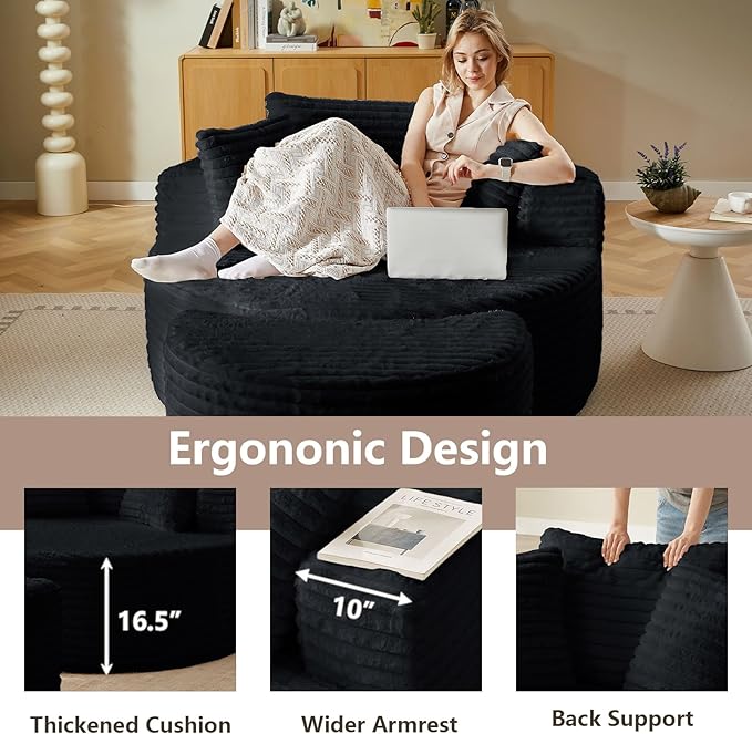 74.6" Oversized Round Chaise Lounge Chair with Ottoman Indoor, Fluffy Upholstered Corduroy Deep Seat Large Boneless Circle Couch Sofa Chairs for Living Room, Bedroom, No Assembly Required, Black