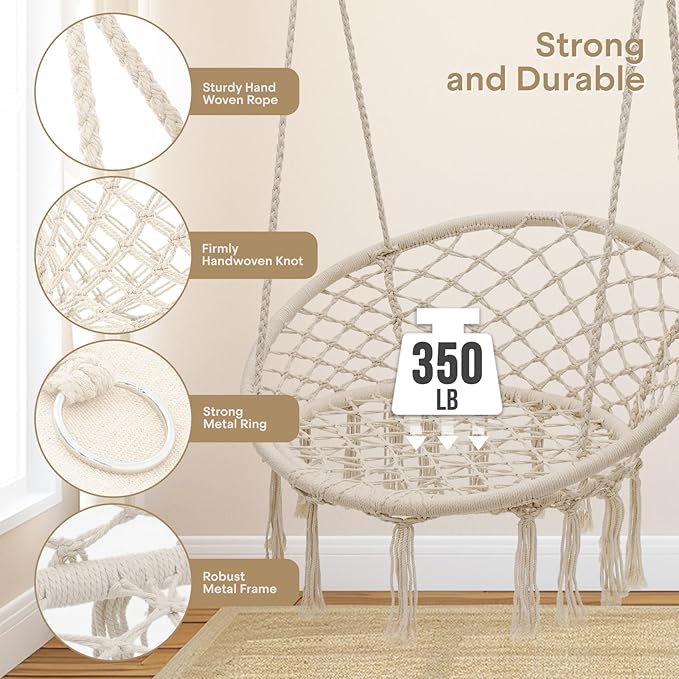 Athena Collection Hammock Chair Hanging Swing Chair with Large Thick Cushions, Outdoor Hanging Chair with Macrame Cotton Rope for Indoor, Outdoor, Bedroom, Balcony, Holds 350 Lbs, White