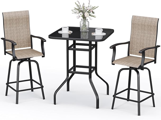 3-Piece Patio Bar Set with Textilene Swivel Bar Stools, All-Weather Bar Height Tempered Glass Table and Chairs for Lawn, Garden, Balcony, Deck, Backyard, Rustproof Frame