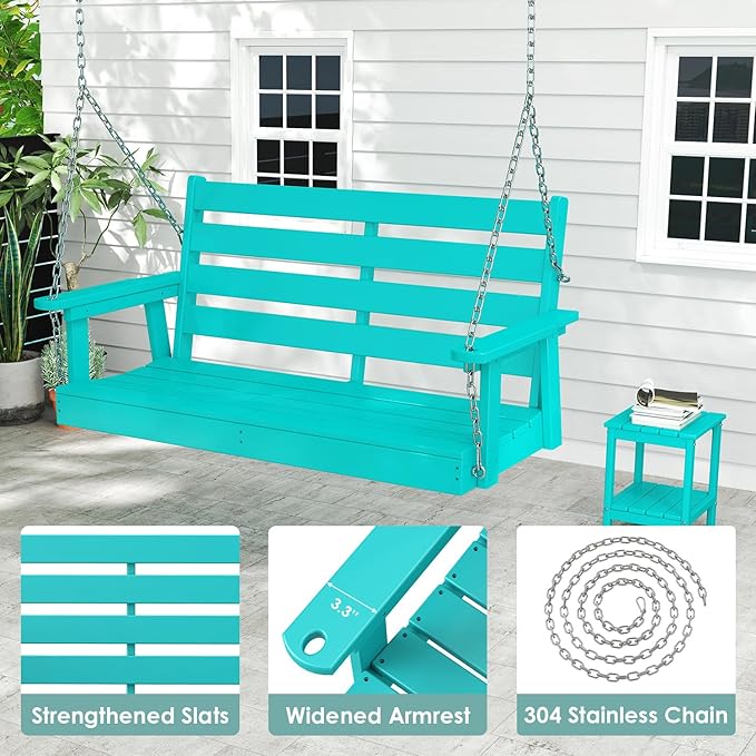 IVY&LANE Outdoor Porch Swing | HDPE Plastic | 2-Person | Hanging Bench Swings | Weatherproof | 4 Stainless Steel Chains | Aqua | for Outside Patio Garden Backyard Tree