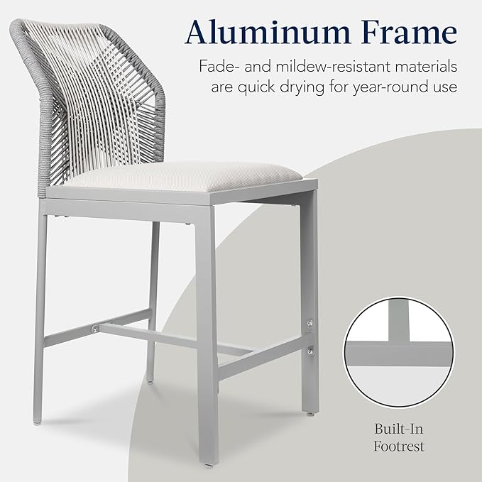 Best Choice Products Indoor Outdoor Counter Height Bar Stools Set of 2, Armless Kitchen Counter Stools w/Back and Footrest, Built-in Cushion, Aluminum Frame - Gray/Meteor