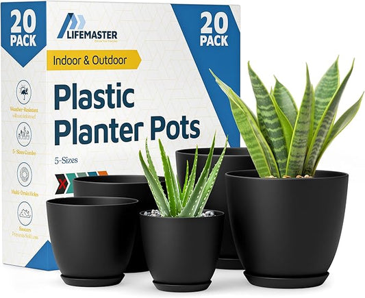 Lifemaster Plant Pots with Multi Drainage Holes - 20 Pieces Versatile, Sturdy Plastic, Stackable Design Home Decor Flower Pots for Indoor and Outdoor Gardening - Black