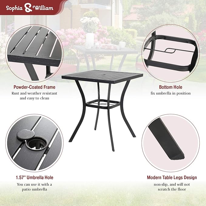 Sophia & William Patio Bar Set 5-Piece Outdoor High Dining Set with 4 Swivel Bar Stools with Red Cushion and 1 Square Bar Height Table with Umbrella Hole