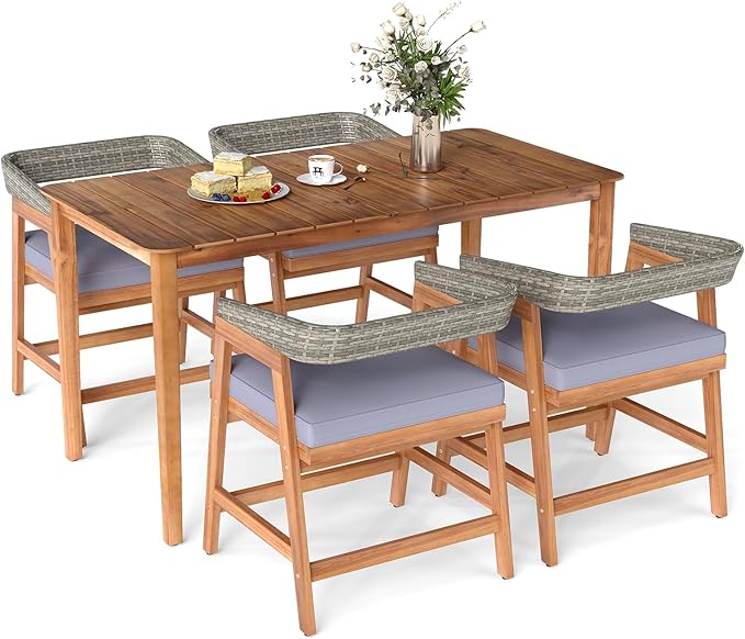 Tangkula 5 Piece Patio Dining Set for 4, Outdoor Solid Wood Rectangle Table Set with Cushioned Armrest Chairs,for Deck, Poolside, Outside and Lawn