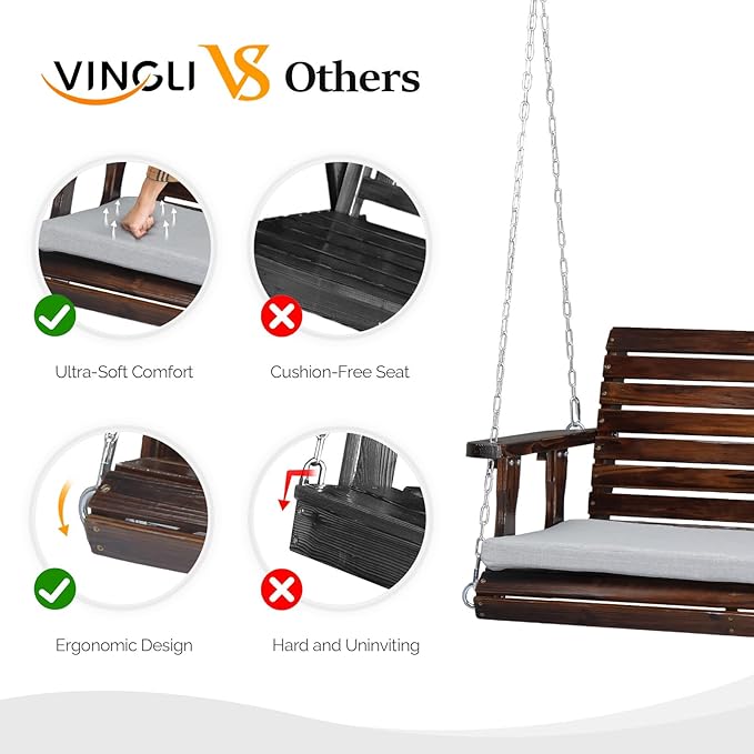 VINGLI Wooden Porch Swing, Heavy Duty 880 LBS Hanging Patio Bench with Extra Cushion for Lawn| Garden| Courtyard (Rustic, 4 feet)