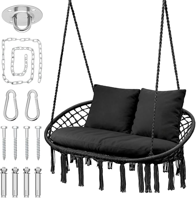 MoNiBloom 2 Seat Hammock Chair Hanging Macrame Swing 3 Cushions Included, Indoor/Outdoor Boho Chair for Adults, Max 700 lbs Capacity Patio Hanging Chair Porch Hammock Chair Hanging Rope Swing, Black