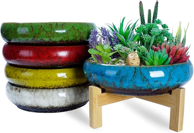 Succulent Pots, 10 Inch Large Succulent Planters with Stand - Ceramic Bonsai Pot with Drainage for Indoor Plants Cactus Flower Planter Pot Plus Succulent Planting Tools Set & 2.2lb Mix Pebbles