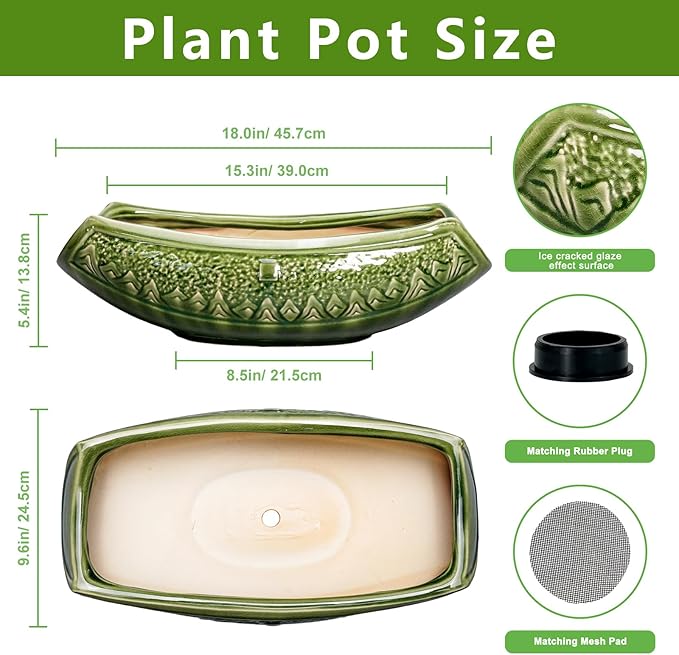 Bonsai Planter 18 Inch - Large Ceramic Succulent Pots with Drainage Hole, Bonsai Pots for Indoor Outdoor Plant, Ceramic Flower Pot, Decorative Plant Pot, Garden Decor, Housewarming Gift, Green
