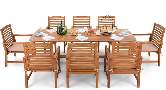 Sophia & William Patio Outdoor Table and Chairs Set, Patio Dining Sets for 8, 9 Pieces Patio Table Set for Backyard Deck Porch Outside, Acacia Wood Table Expandable with Hole and Chairs