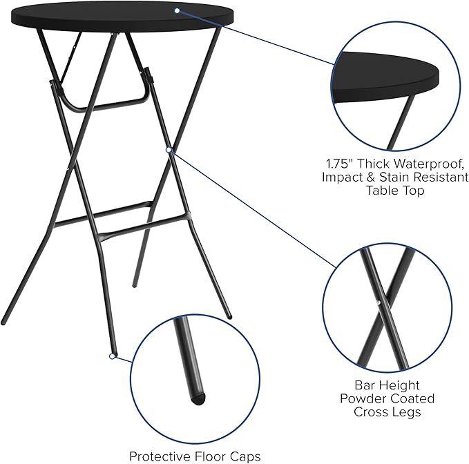 Flash Furniture Elon Round Folding Bar Height Table for Parties and Commercial Events, Indoor/Outdoor Plastic Bar Height Folding Table, 32", Black