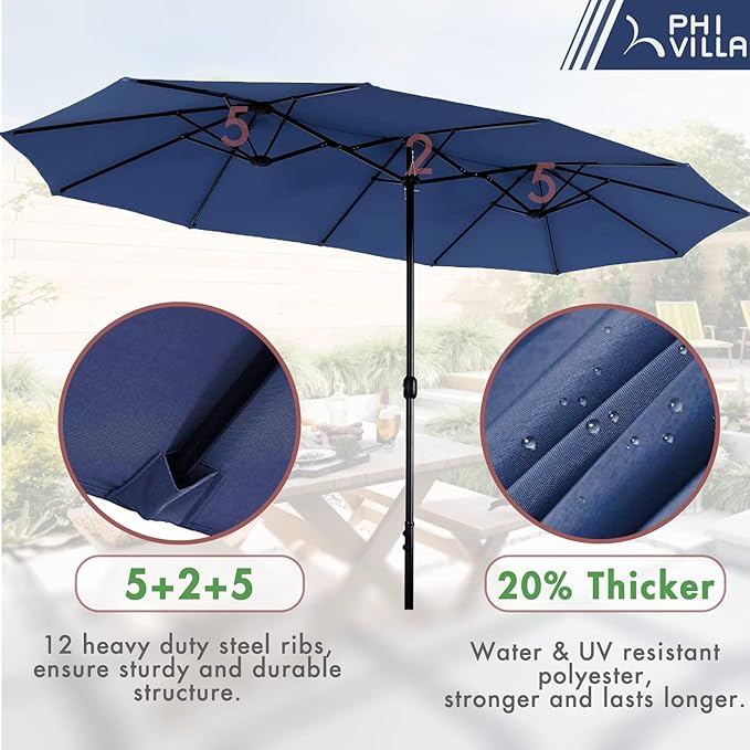 PHI VILLA 7 Piece Patio Dining Set with Umbrella, 60” Rectangular Metal Dining Table & 6 Stackable Metal Chairs & 13ft Large Navy Umbrella for Outdoor, Deck, Yard, Porch