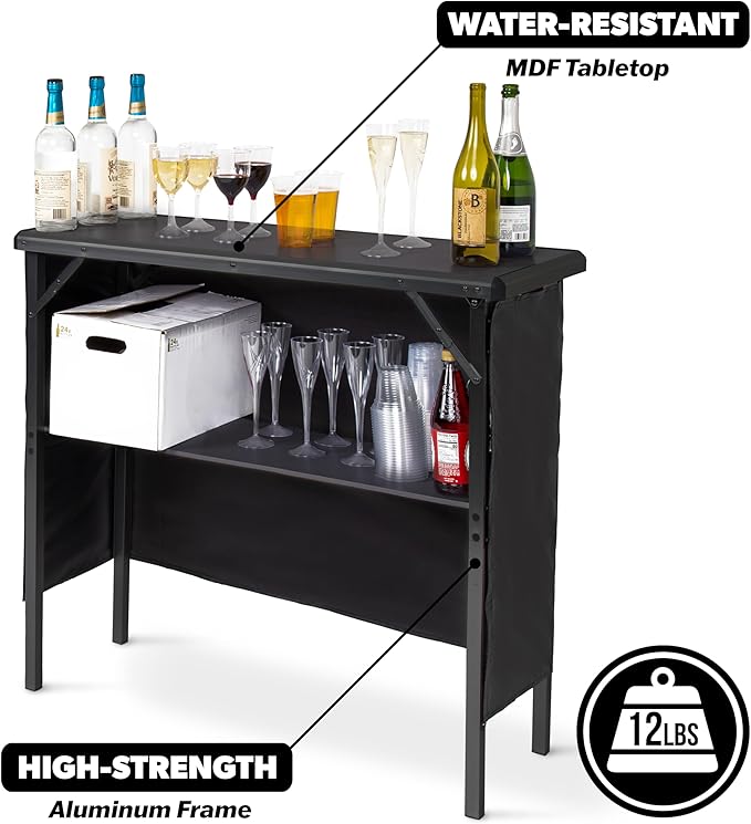 GoBar Portable Bar Table for Events - Black, 3 Skirts, or LED - Pop Up Mobile Bartending Station with Travel Carrying Case