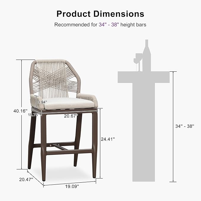 PURPLE LEAF Patio Bar Stool Counter Height Set of 2 Outdoor Rattan Chairs with Back Modern Aluminum Woven Barstools for Garden Indoor Kitchen Coffee