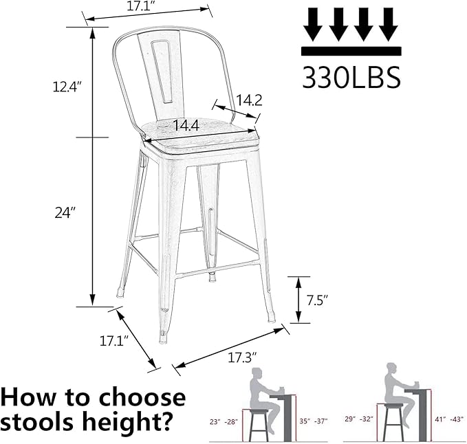 Alunaune 24" Swivel Metal Counter Height Bar Stools Set of 4 High Back Industrial Bar Chairs Kitchen Barstools with Large Wooden Seat-Rusty