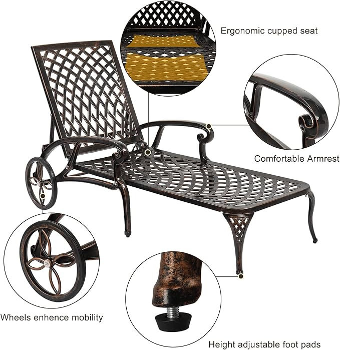 VINGLI Cast Aluminum Outdoor Chaise Lounge Chair with Wheels, Patio Chaise Lounge with 3-Position Adjustable Backrest, Tanning Chair Reclining Chair for Poolside (Bronze, Without Cushion)