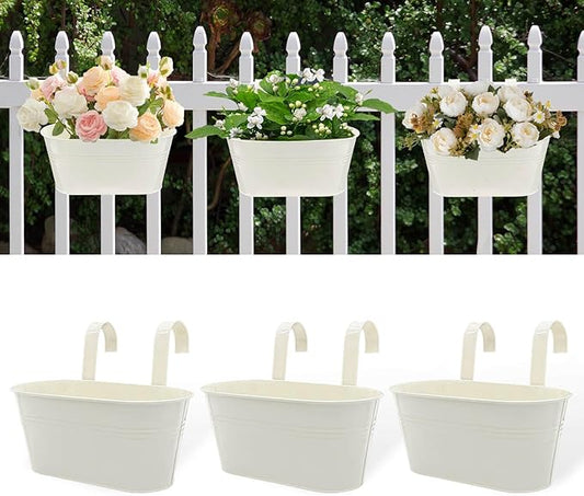 Metal Railing Planters for Outdoor Plants - 3 Pcs Balcony Hanging Flower Pots with Detachable Hooks & Drain Holes, Windowsill Oval Hanging Bucket Pots Fence Planters for Garden Home Decor, Cream White