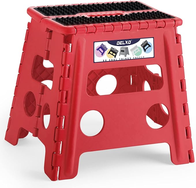 Delxo Folding Step Stool,Non-Slip Stool 13 inch Height Premium Heavy Duty Foldable Stool for Kids and Adults,Kitchen Garden Bathroom Steppingstool 1 Pack in Red,Dotted Texture