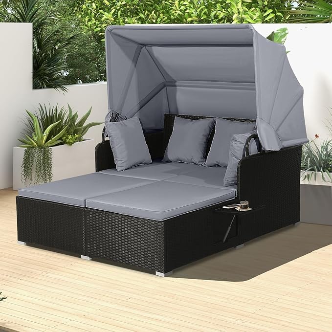 RELAX4LIFE Patio Outdoor Daybed with Canopy, Wicker Sunbed w/Cushions, 4 Pillows & 2 Retractable Side Trays, 2-Person Lounge Bed Conversation for Poolside Porch Garden, Rattan Outdoor Bed (Grey)